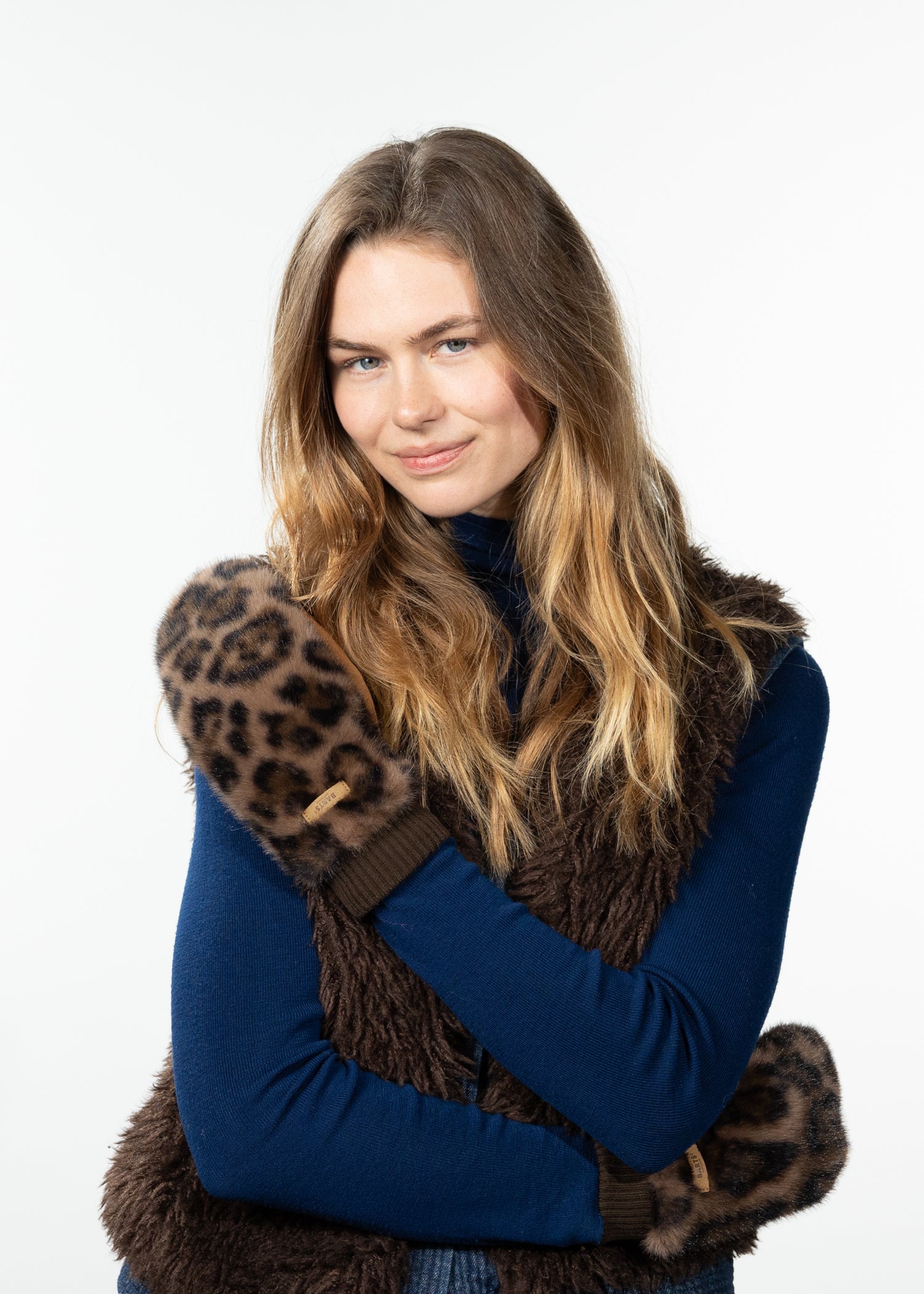 Women Fur Mitts print brown - Front